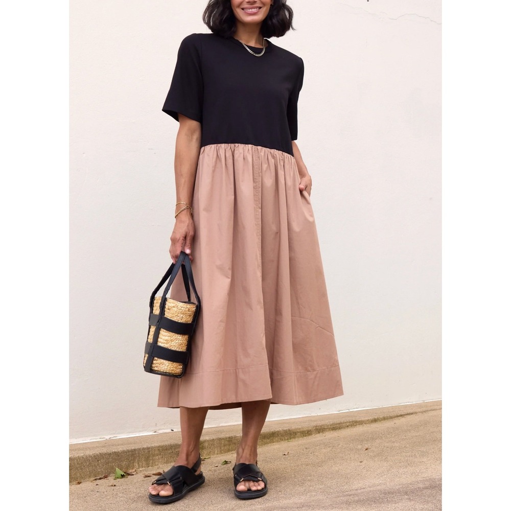 NEW Maye Mimi Midi Dress Black Camel Colorblock Short Sleeve Pockets XL MD2237